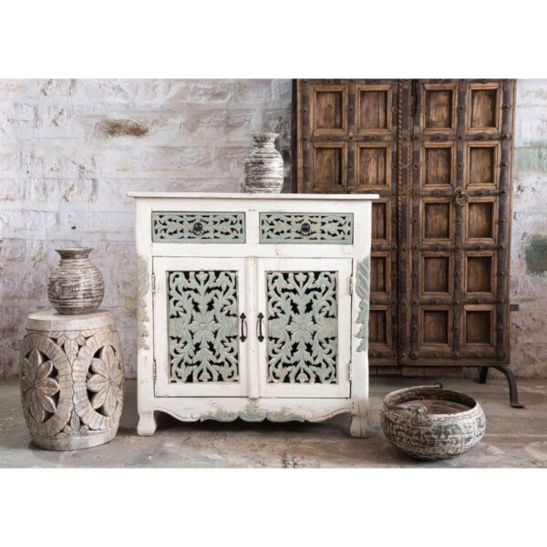 WHITE GREY HAND CARVED SIDEBOARD