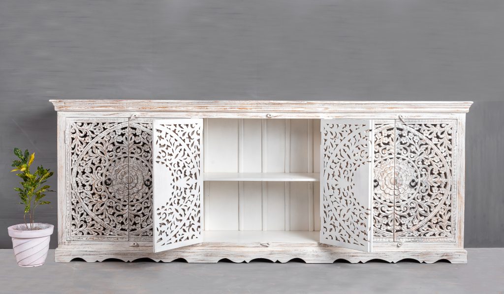 CARVED WHITEWASH SIX DOOR SIDEBOARD Chisel and Log