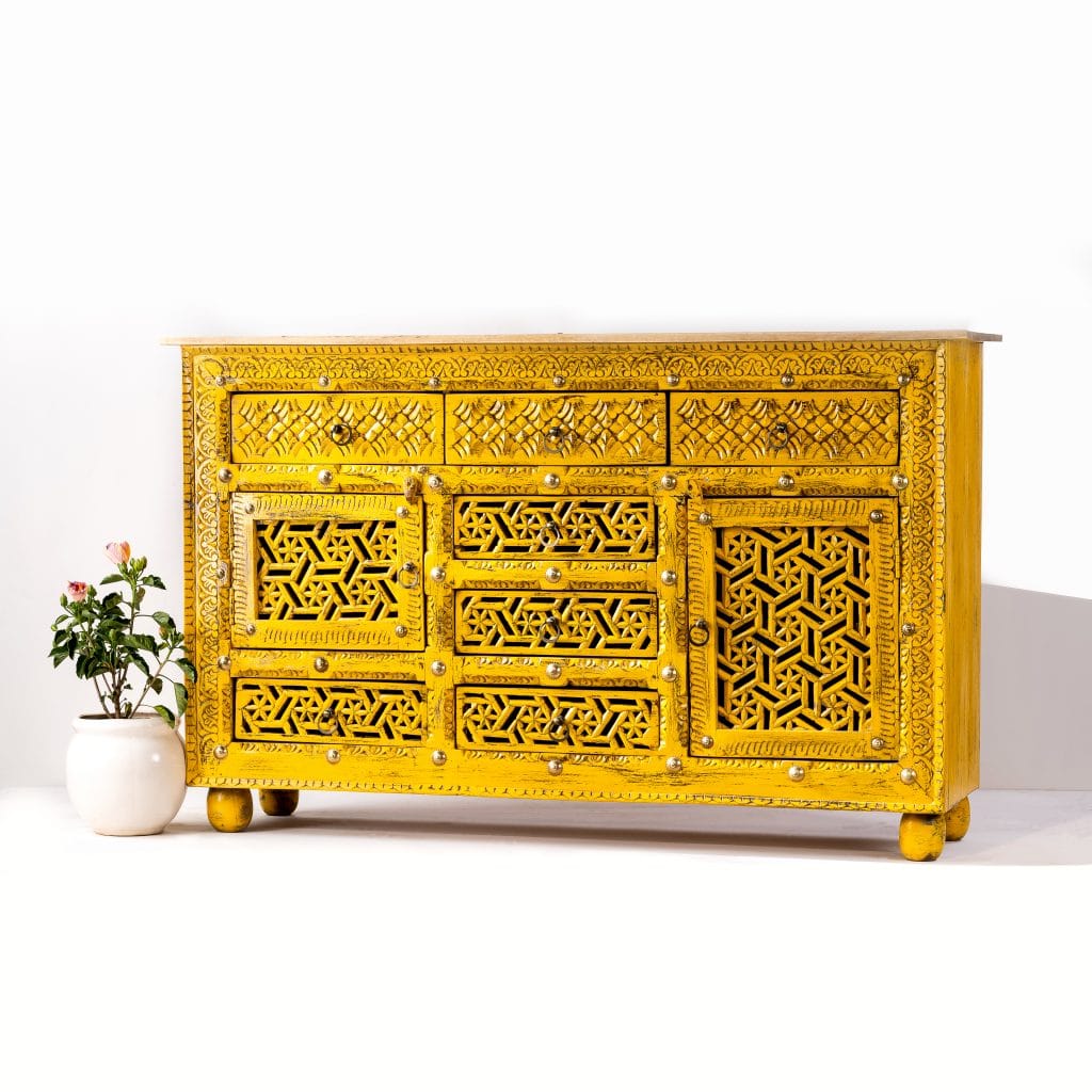 Carved Yellow Chest of Drawers Chisel and Log