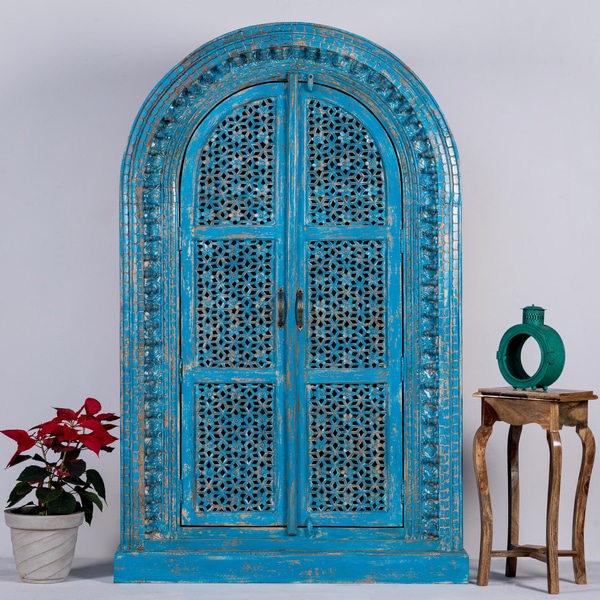 Carved Spindle Round Almirah (Jodhpur Blue)