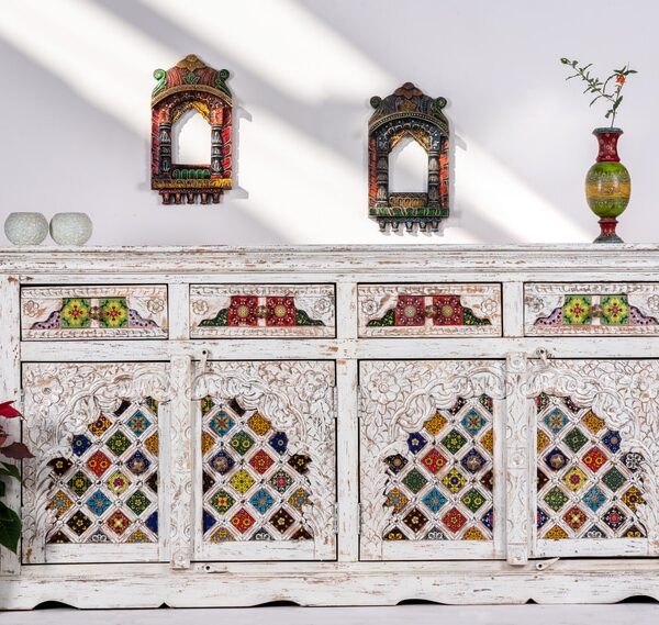 Hand Painted Tile Sideboard with Drawers (Whitewash)