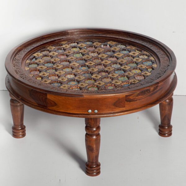 Carved Round Coffee Table with Tiles Side